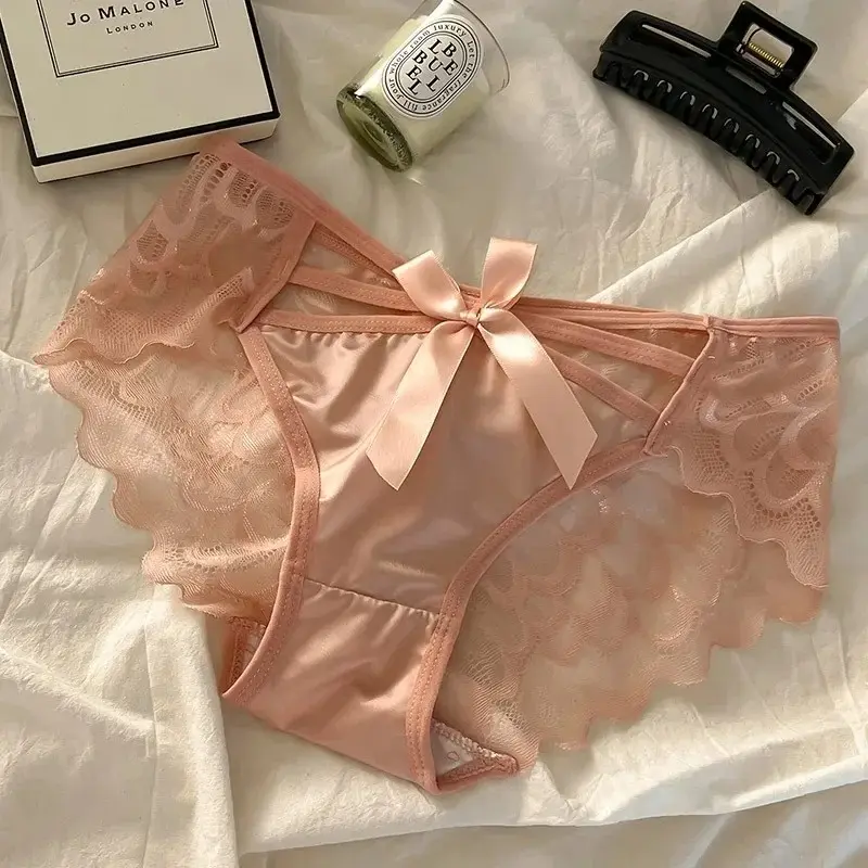 Lace Butterfly Knot Triangle Women's Underwear Breathable Satin Angel Wing Mid Waist Summer Panties Comfortable Briefs