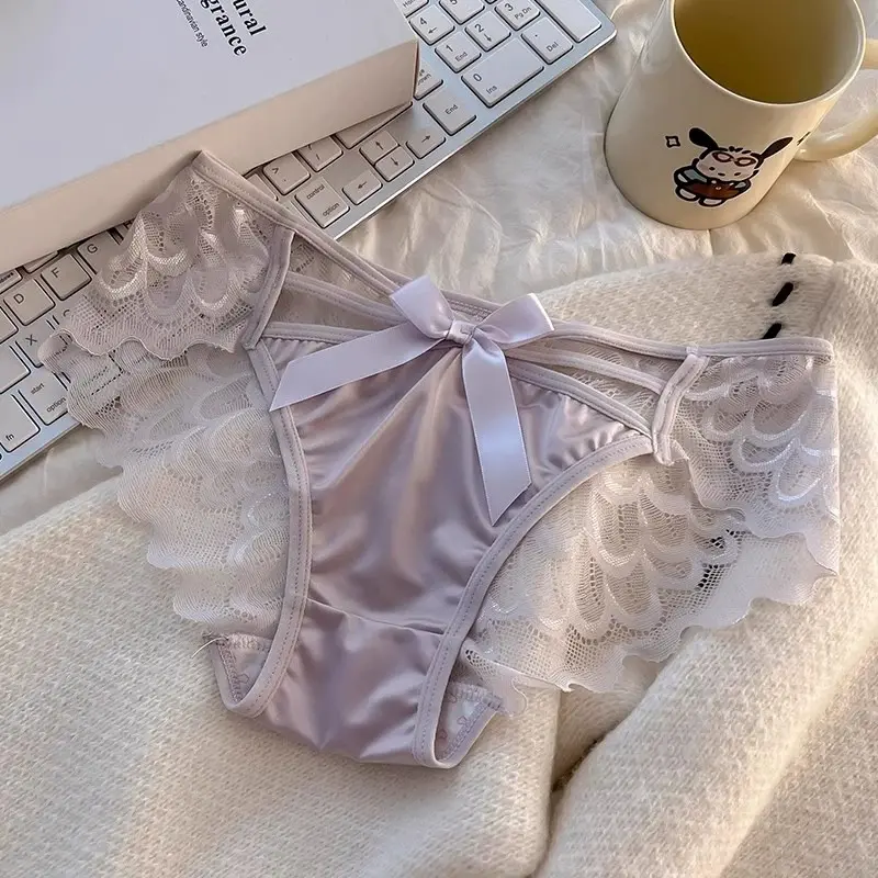 Lace Butterfly Knot Triangle Women's Underwear Breathable Satin Angel Wing Mid Waist Summer Panties Comfortable Briefs