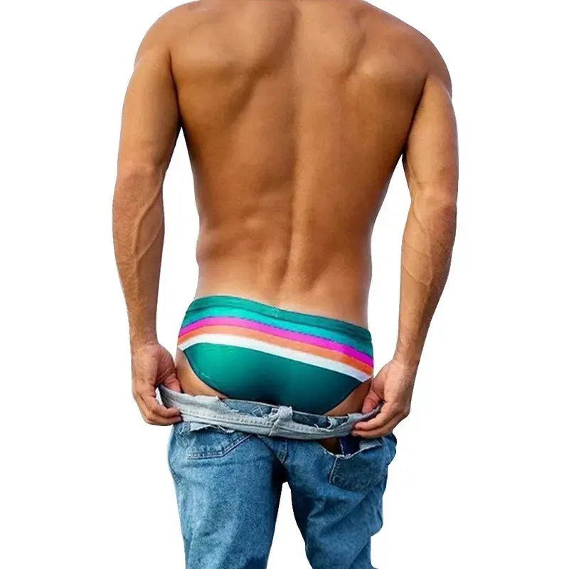 Mens Triangular Swimwear Low Rise Sexy Pouch Male Swimming Briefs Stripe Swimsuit Man Surf Swim Trunks Beach Shorts