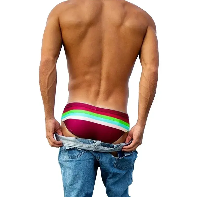 Mens Triangular Swimwear Low Rise Sexy Pouch Male Swimming Briefs Stripe Swimsuit Man Surf Swim Trunks Beach Shorts