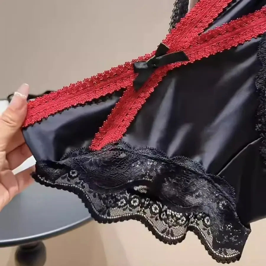 French Sexy Lace Satin Underwear for Women Low Waist Thin Mesh Hollow Out Bow Panties Sweet Girl Breathable Cotton Crotch Briefs