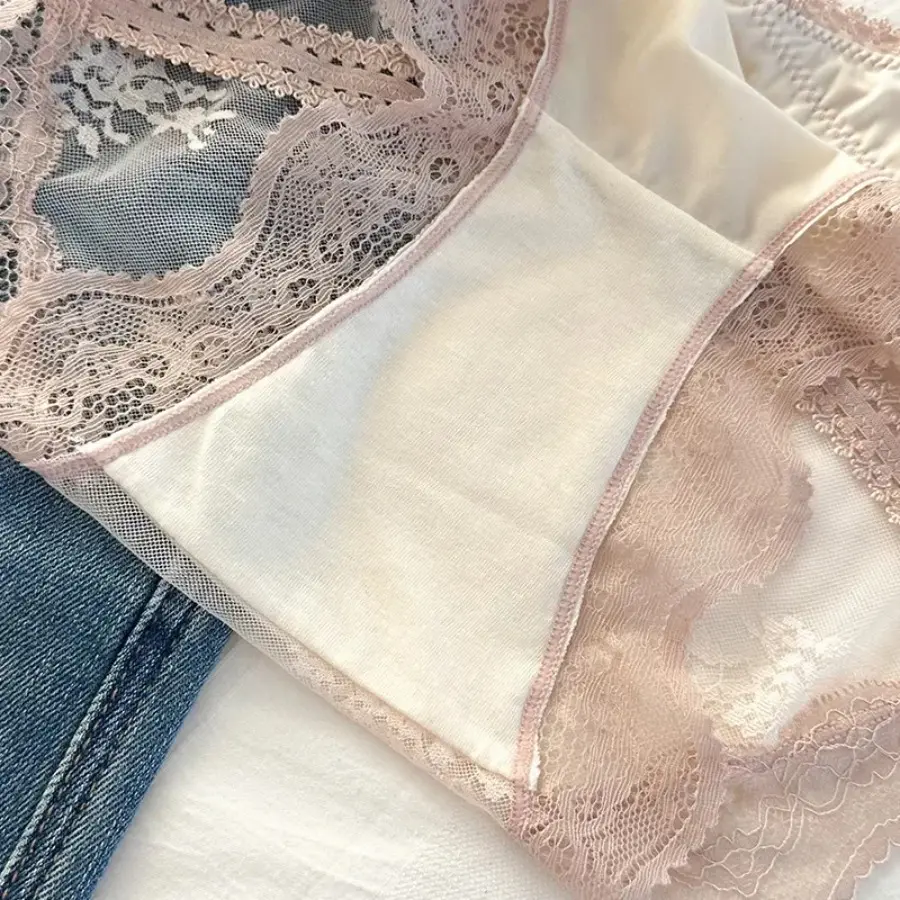 French Sexy Lace Satin Underwear for Women Low Waist Thin Mesh Hollow Out Bow Panties Sweet Girl Breathable Cotton Crotch Briefs
