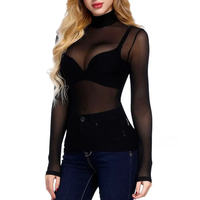 Summer Elastic Women's Long Sleeve Sexy Black Mesh Top See Blouses Transparent Stretchy Punk Club Shirt Tees Beach Bodycon