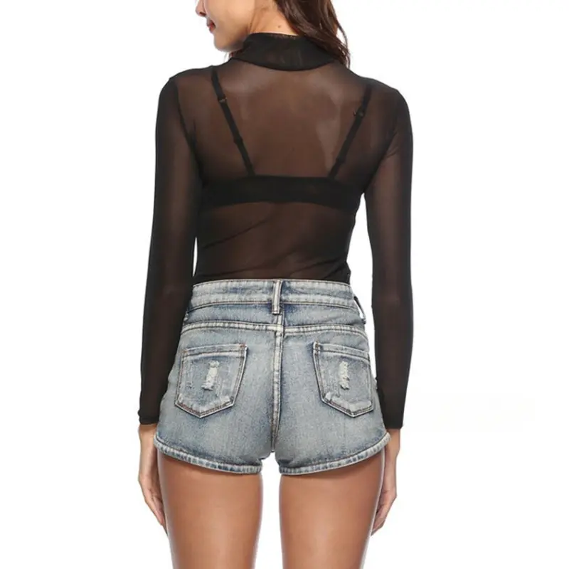 Summer Elastic Women's Long Sleeve Sexy Black Mesh Top See Blouses Transparent Stretchy Punk Club Shirt Tees Beach Bodycon