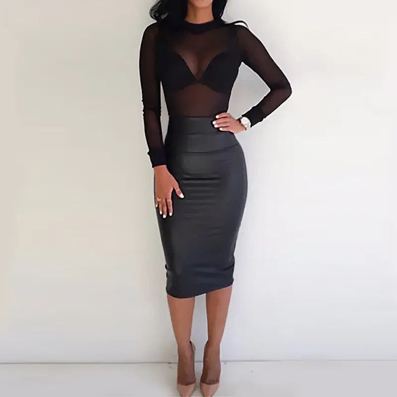 Summer Elastic Women's Long Sleeve Sexy Black Mesh Top See Blouses Transparent Stretchy Punk Club Shirt Tees Beach Bodycon