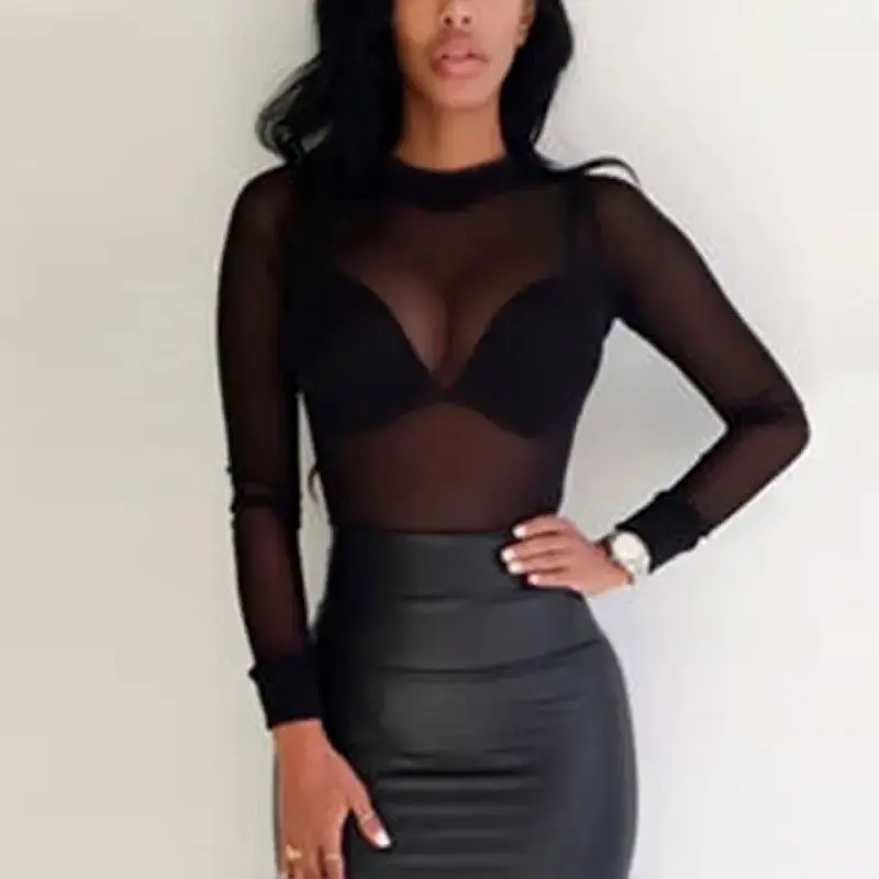 Summer Elastic Women's Long Sleeve Sexy Black Mesh Top See Blouses Transparent Stretchy Punk Club Shirt Tees Beach Bodycon