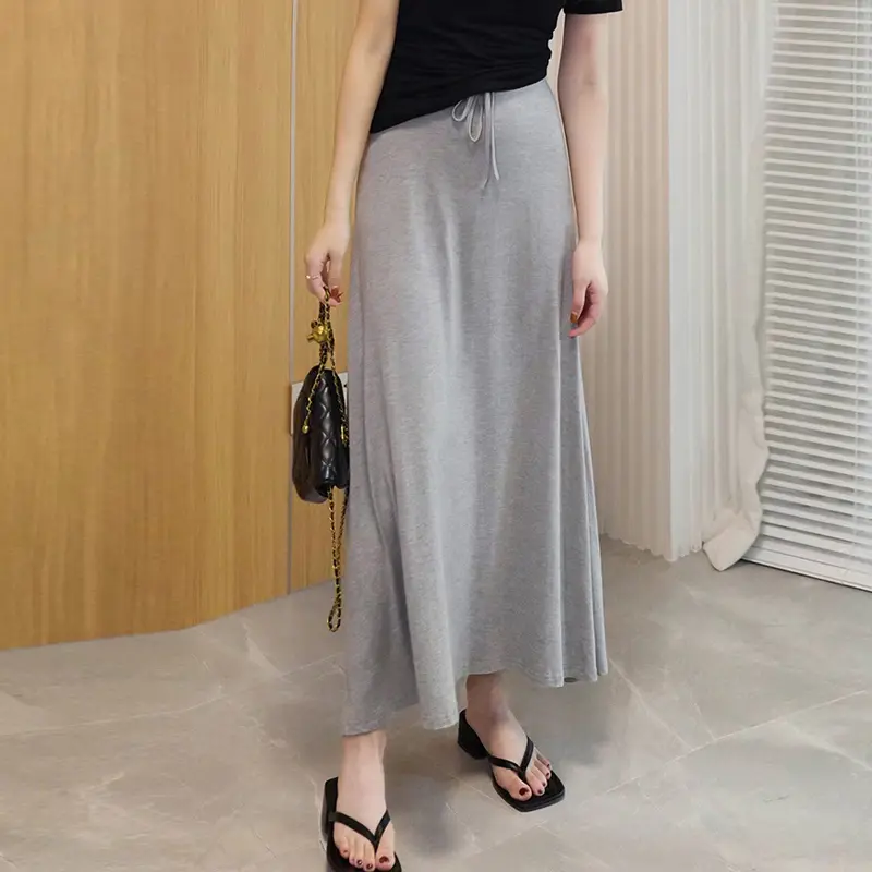 Elegant Casual A-Line Women's Skirts Solid Color Summer High-waisted Long Skirt Female Slim Office Maxi Skirt Streetwear
