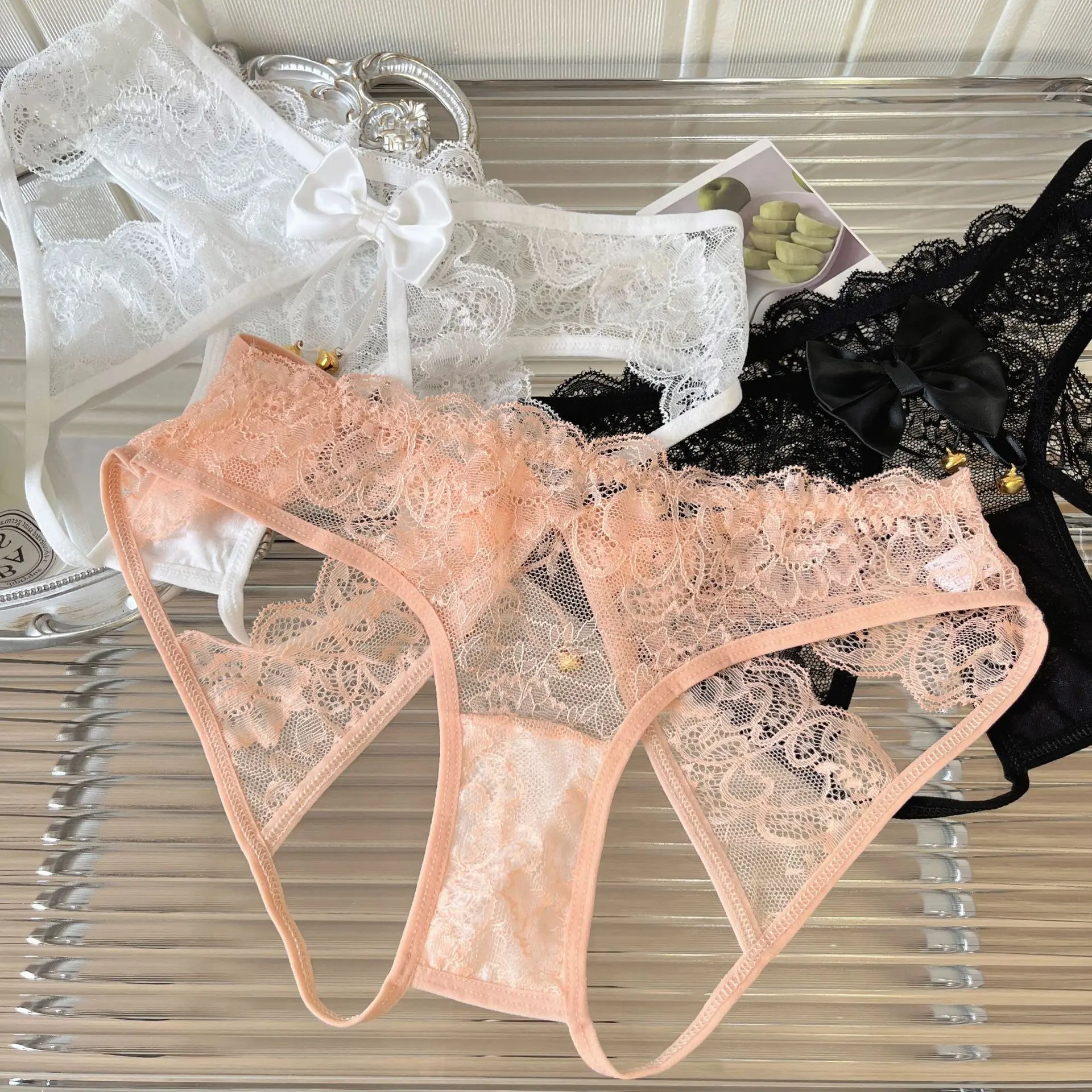 Bow Lace Sexy Women's Underwear Low Waist Embroidery Cotton Crotch Transparent Erotic Panties Soft See Through Briefs Lingerie