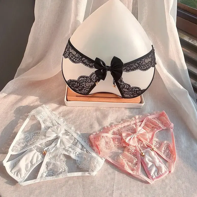 Bow Lace Sexy Women's Underwear Low Waist Embroidery Cotton Crotch Transparent Erotic Panties Soft See Through Briefs Lingerie