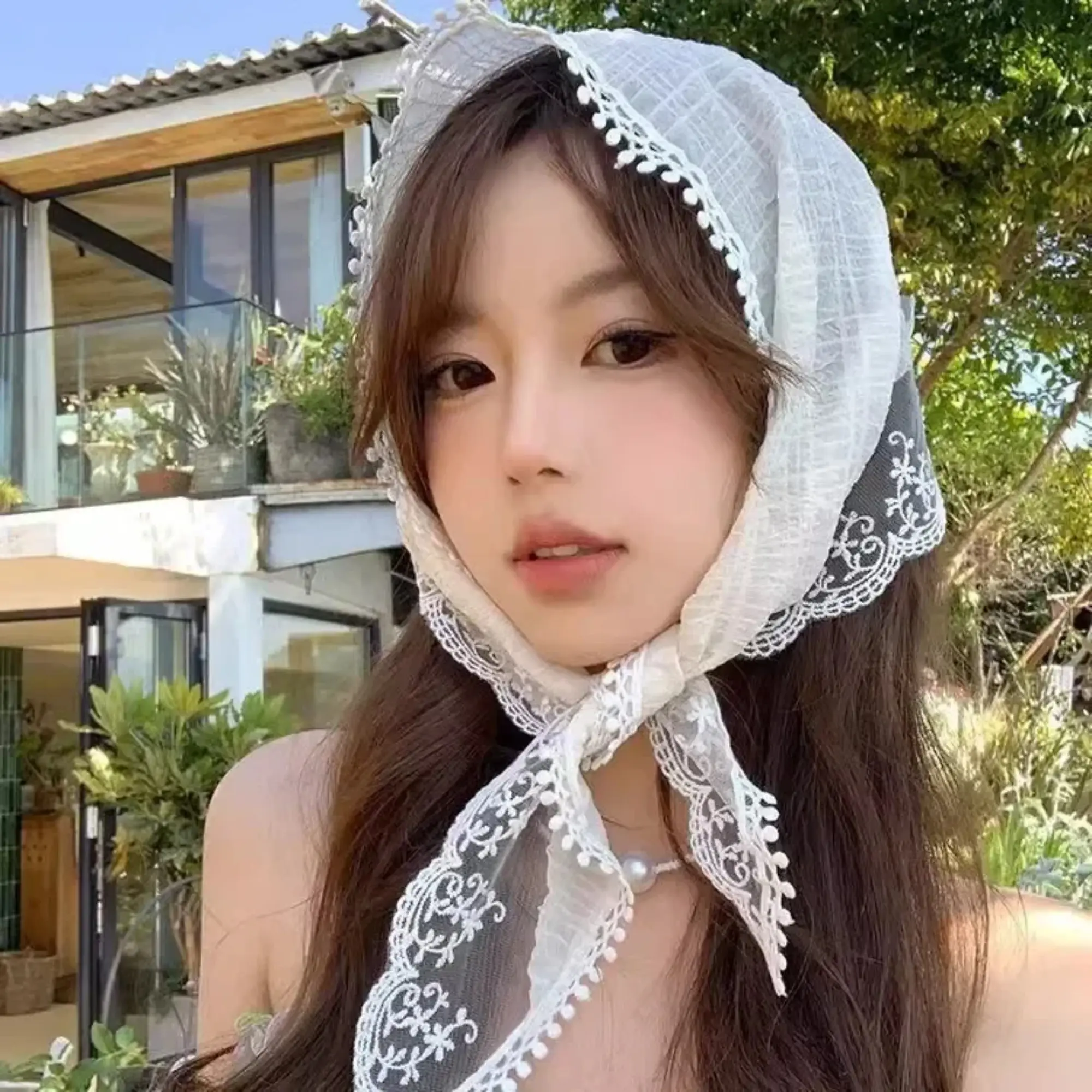 Korean Hair Scarf Cute Handmade Crochet Hollow Spring Summer Knitting Lace Hair Tie French Turban Hair Accessories