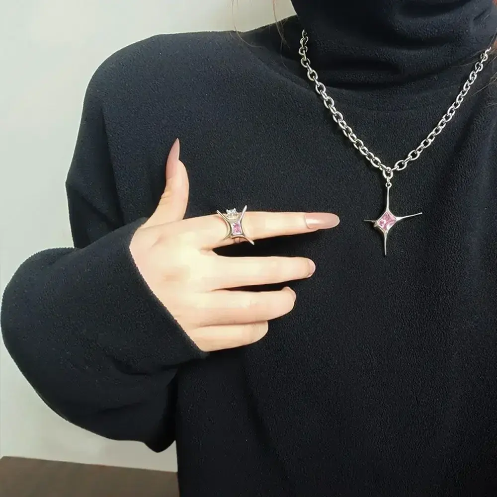 Y2K Irregular Star Rings Earrings Necklace Women Hip Pop Pink Crystal Finger Rings Personality Jewelry Accessories