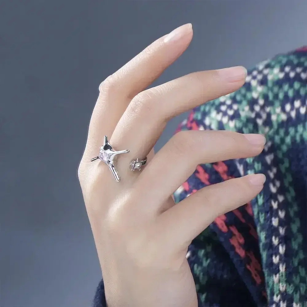 Y2K Irregular Star Rings Earrings Necklace Women Hip Pop Pink Crystal Finger Rings Personality Jewelry Accessories