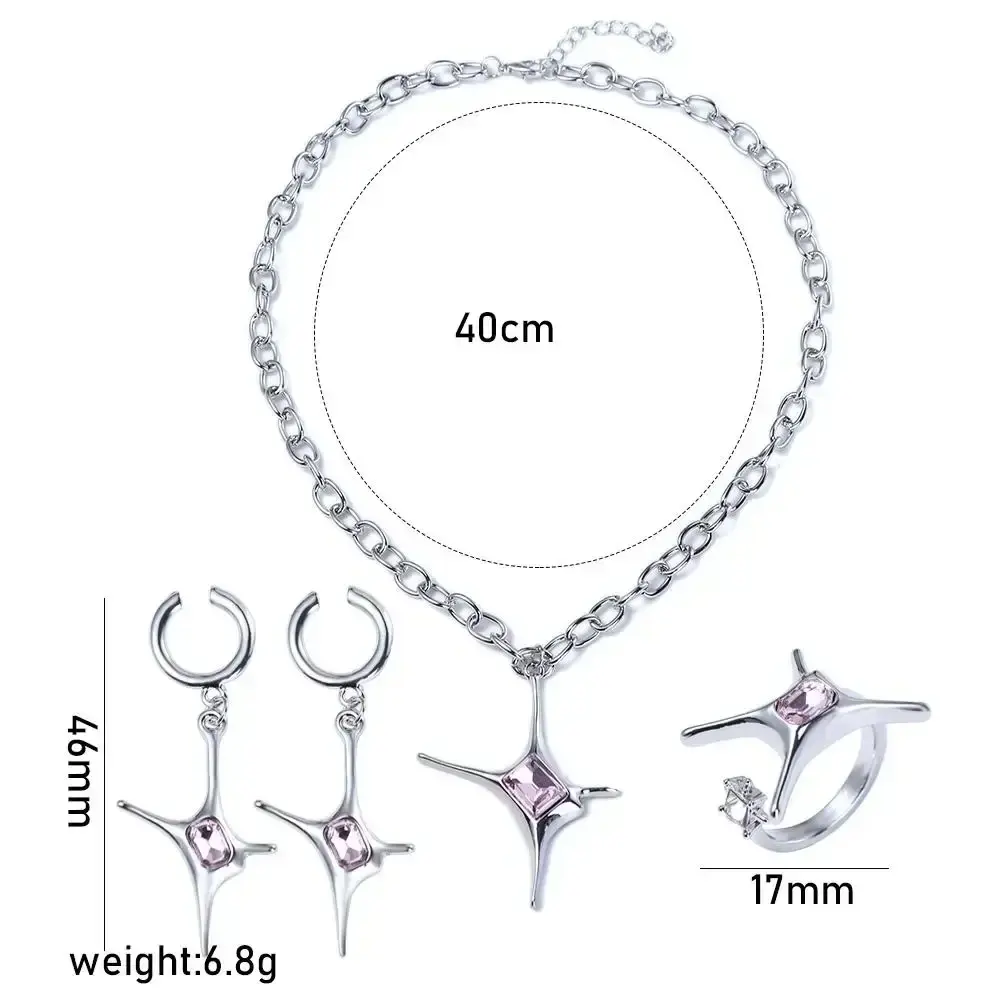 Y2K Irregular Star Rings Earrings Necklace Women Hip Pop Pink Crystal Finger Rings Personality Jewelry Accessories