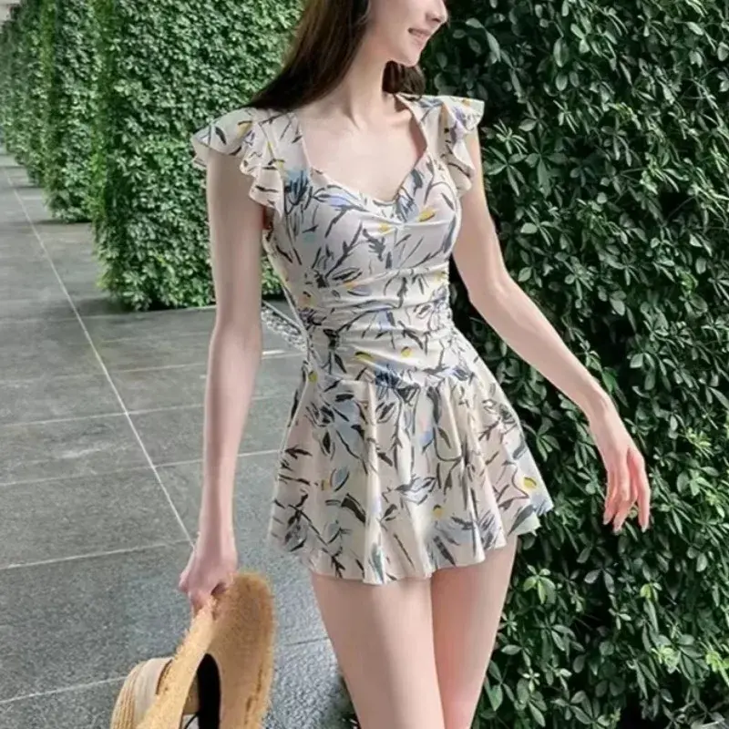 One-Piece Swimsuit Women Korean Conservative Dress Style Slimming High Waisted Swimwear Beach Holiday Bathing Suit
