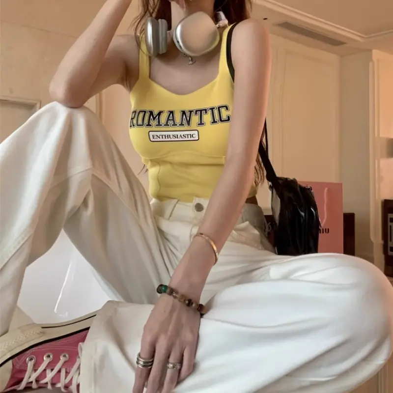 Oversized Plus Sweet Retro Letter Printed Bra Camisole Vest Sweet Spicy Sleeveless Straps Slim Off Shoulder Short Style Tank Top