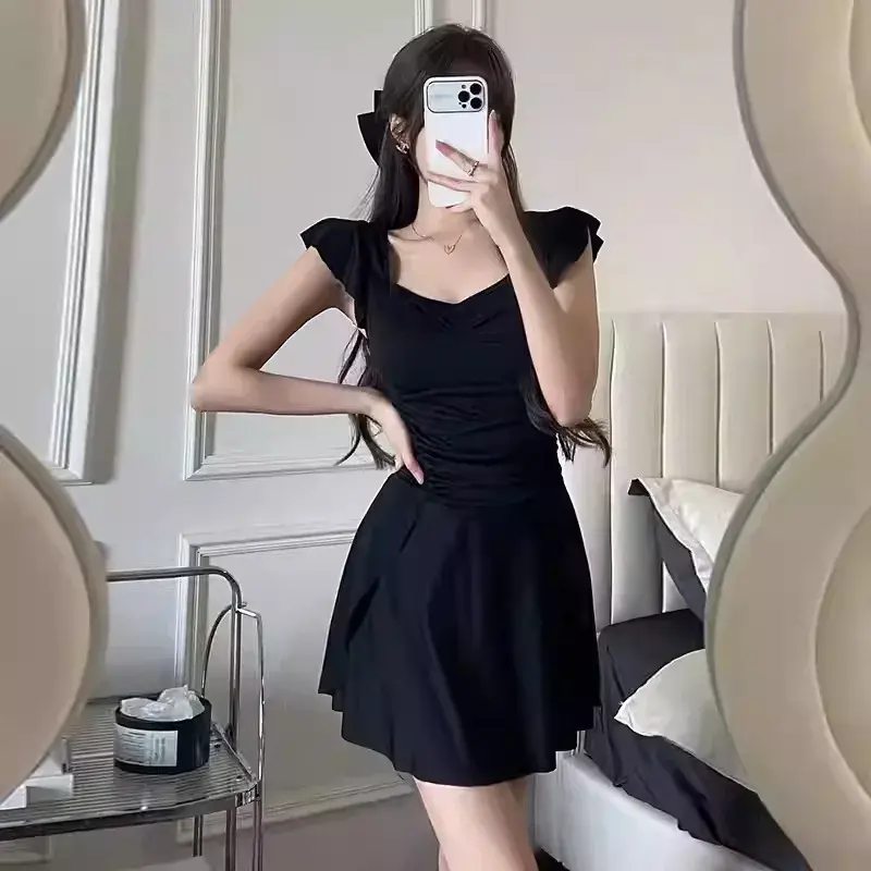 One-Piece Swimsuit Women Korean Conservative Dress Style Slimming High Waisted Swimwear Beach Holiday Bathing Suit