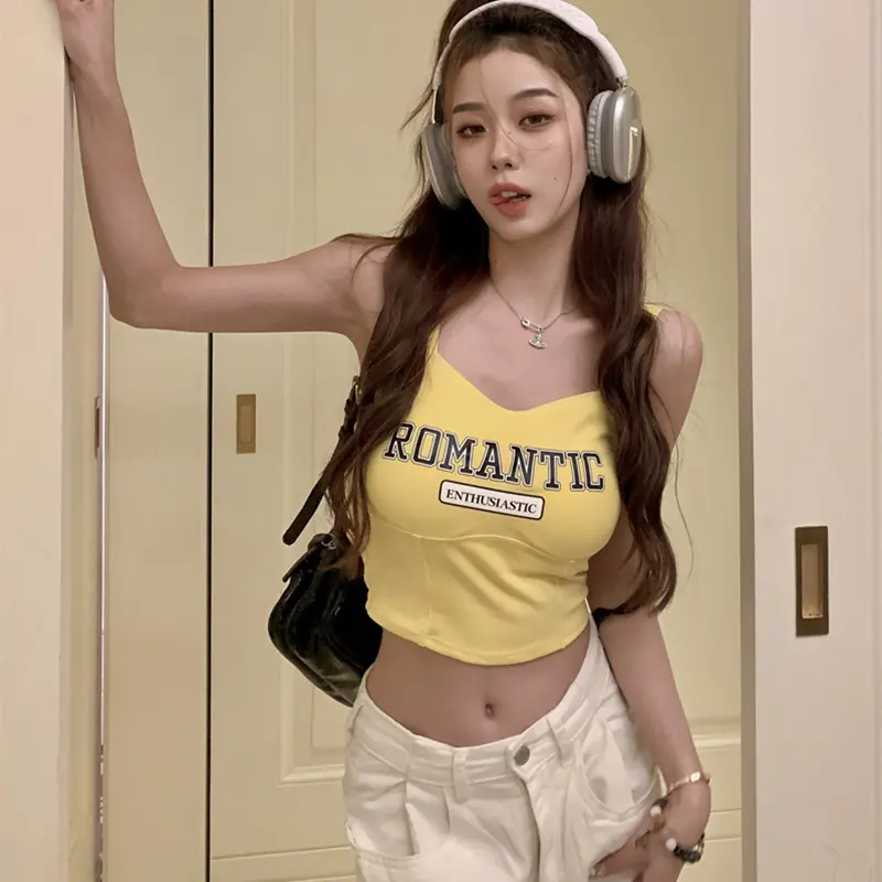 Oversized Plus Sweet Retro Letter Printed Bra Camisole Vest Sweet Spicy Sleeveless Straps Slim Off Shoulder Short Style Tank Top