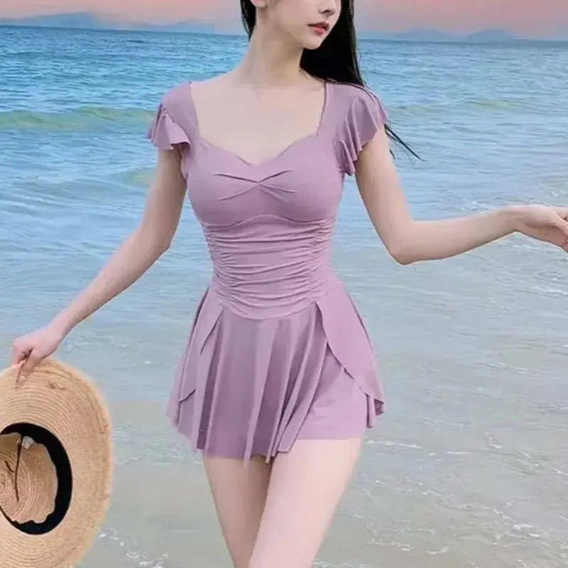 One-Piece Swimsuit Women Korean Conservative Dress Style Slimming High Waisted Swimwear Beach Holiday Bathing Suit