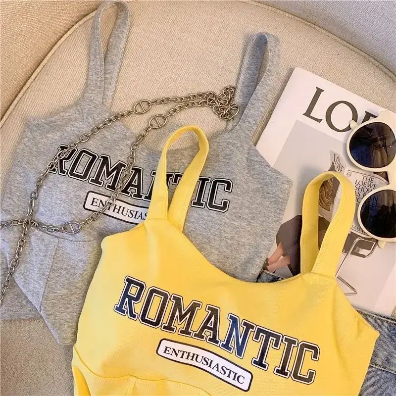 Oversized Plus Sweet Retro Letter Printed Bra Camisole Vest Sweet Spicy Sleeveless Straps Slim Off Shoulder Short Style Tank Top