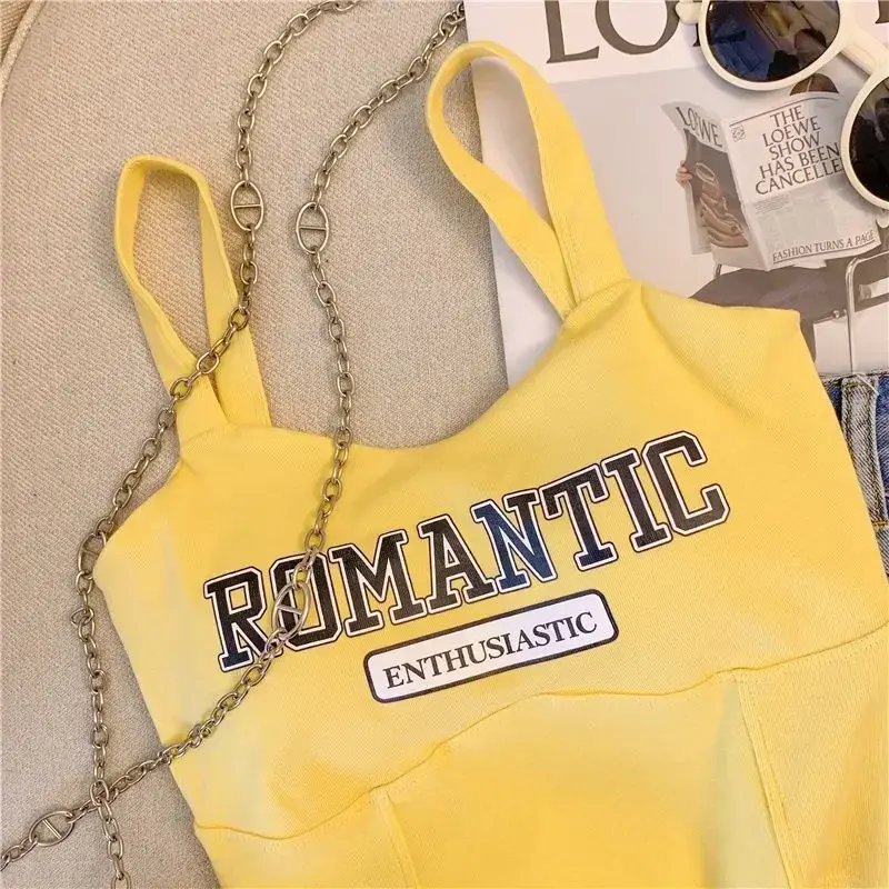Oversized Plus Sweet Retro Letter Printed Bra Camisole Vest Sweet Spicy Sleeveless Straps Slim Off Shoulder Short Style Tank Top