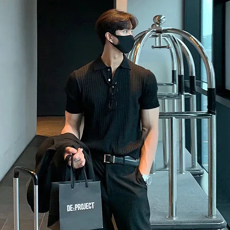Men's Clothing Luxury Knit Polo Shirt Casual Striped Button Down Solid Color Short Sleeve T-Shirt for Men Breathable M-2XL