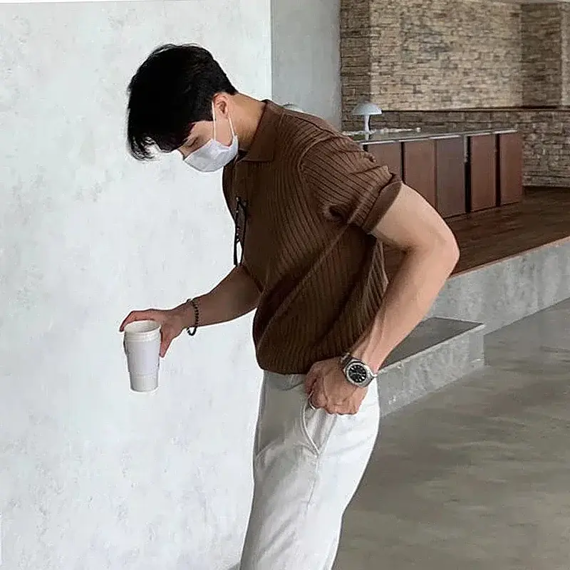 Men's Clothing Luxury Knit Polo Shirt Casual Striped Button Down Solid Color Short Sleeve T-Shirt for Men Breathable M-2XL