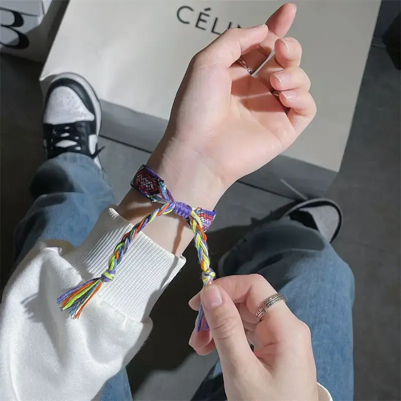 Knitted Watch Exquisite Bohemian Ladies Bracelet Watch Woven Rainbow Strap Floral Print Dial Analog Quartz Watch Girl Gift