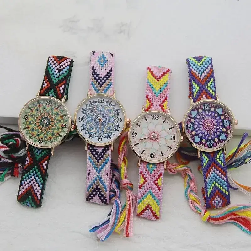 Knitted Watch Exquisite Bohemian Ladies Bracelet Watch Woven Rainbow Strap Floral Print Dial Analog Quartz Watch Girl Gift