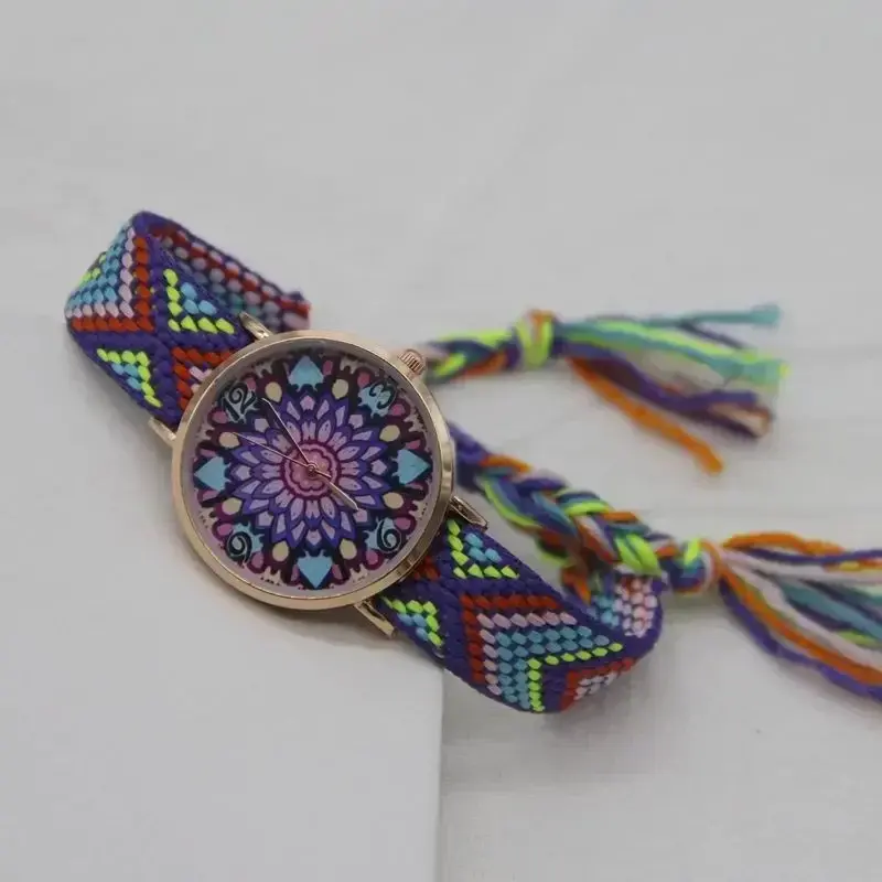 Knitted Watch Exquisite Bohemian Ladies Bracelet Watch Woven Rainbow Strap Floral Print Dial Analog Quartz Watch Girl Gift