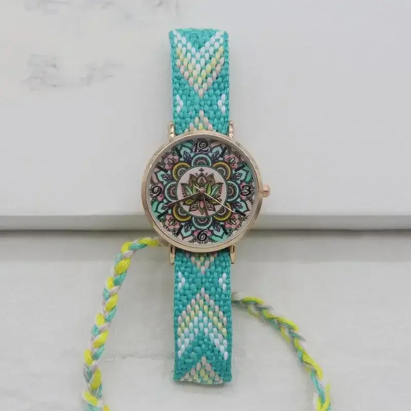 Knitted Watch Exquisite Bohemian Ladies Bracelet Watch Woven Rainbow Strap Floral Print Dial Analog Quartz Watch Girl Gift