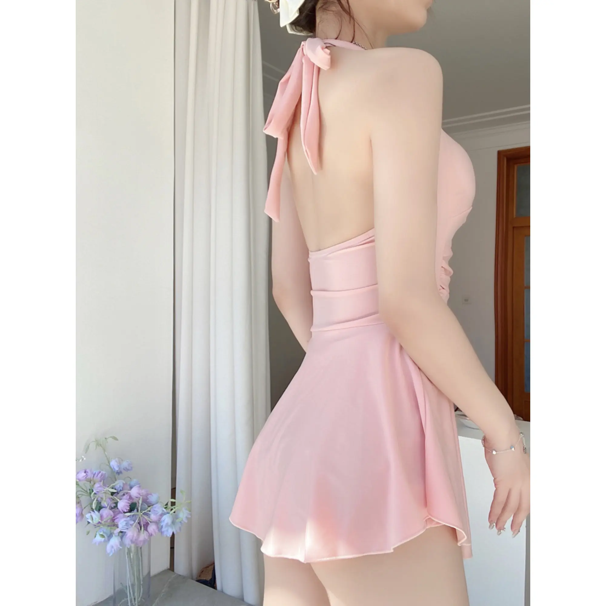 Sweet Cute Hanging Neck Strap Women Swimwear Sexy One-piece Swim Suit with Chest Pad Slim Beach Dresses Girls Bathing Suit