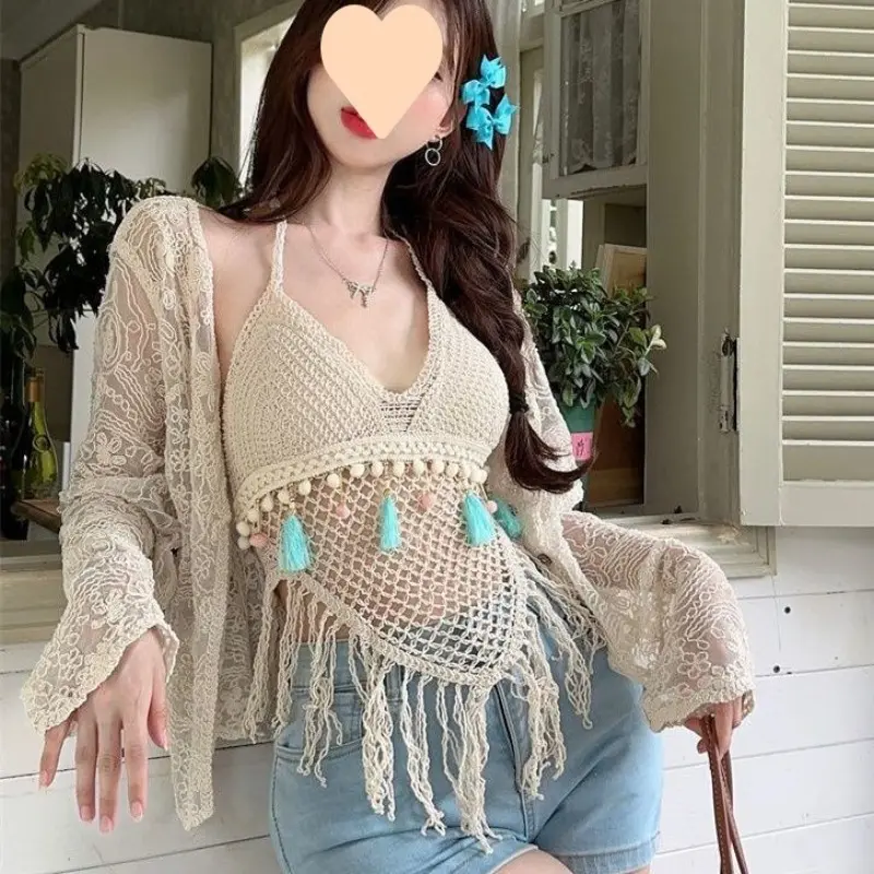 Women Summer Short Vest Sexy Hollow Out Plain White Halter Vest Strap Crop Tops Crochet Bikini Tank Tops Shirt Hot Tank Top