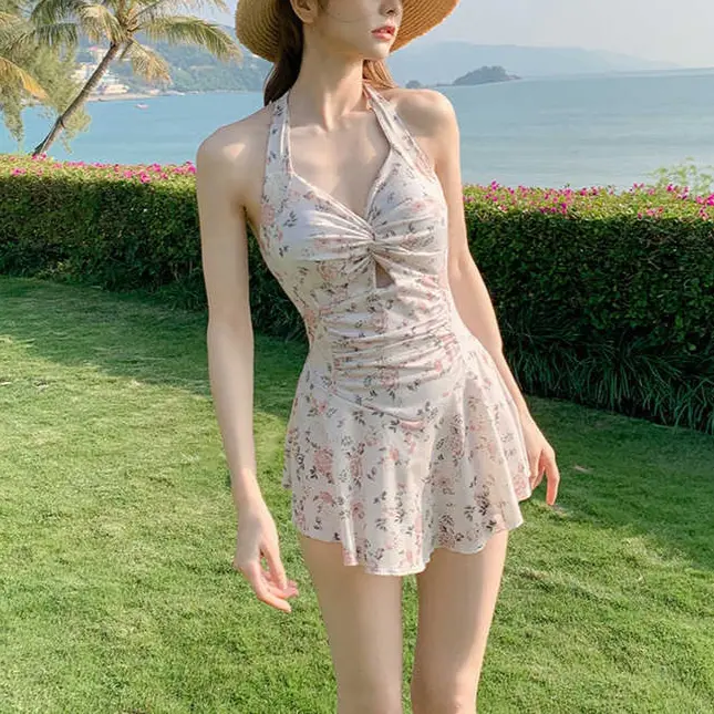 Sweet Cute Hanging Neck Strap Women Swimwear Sexy One-piece Swim Suit with Chest Pad Slim Beach Dresses Girls Bathing Suit