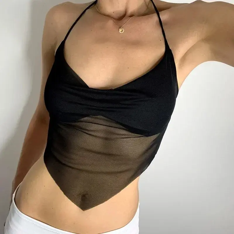 New Sexy Transparent Y2k Black Crop Tops Women V-neck Lace-Up Backless Camis Girls Summer Streetwear Basic Vest