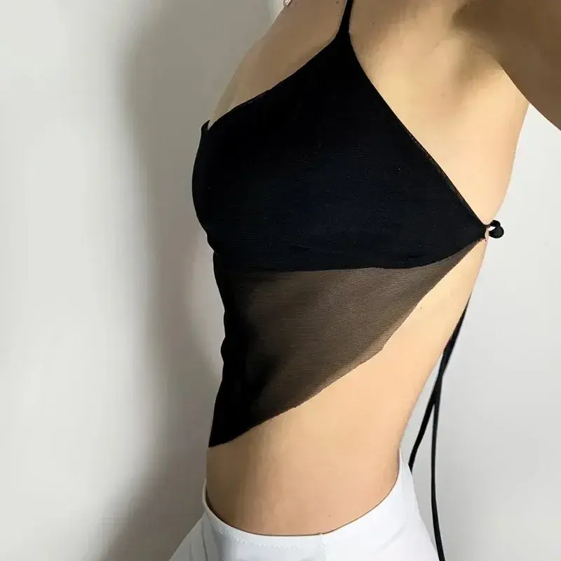 New Sexy Transparent Y2k Black Crop Tops Women V-neck Lace-Up Backless Camis Girls Summer Streetwear Basic Vest