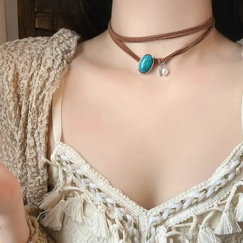 Tiger Eye Stone Beaded Necklace Design Punk Simple Fashion High End Clavicle Chain Short Men's Women's Retro Leather Necklace