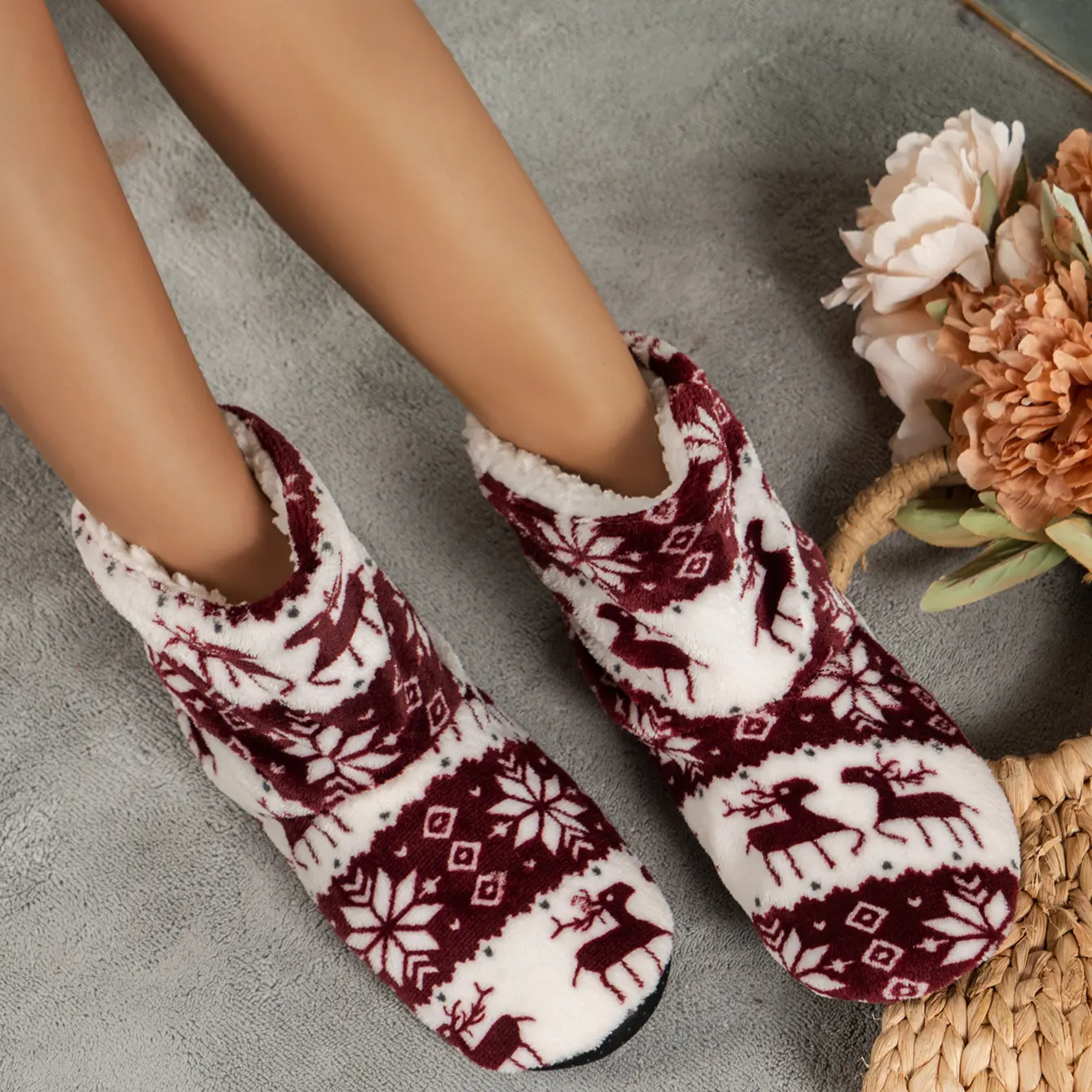 Christmas Elk Indoor Socks Adult Home Slippers Women Winter Floor Shoes Shoes Warm Fur Slides Ladies Plush Slippers
