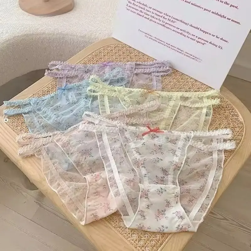Breathable Sexy Bow Girls Transparent Women Lace Briefs Flower Underwear Lingerie Mesh Panties