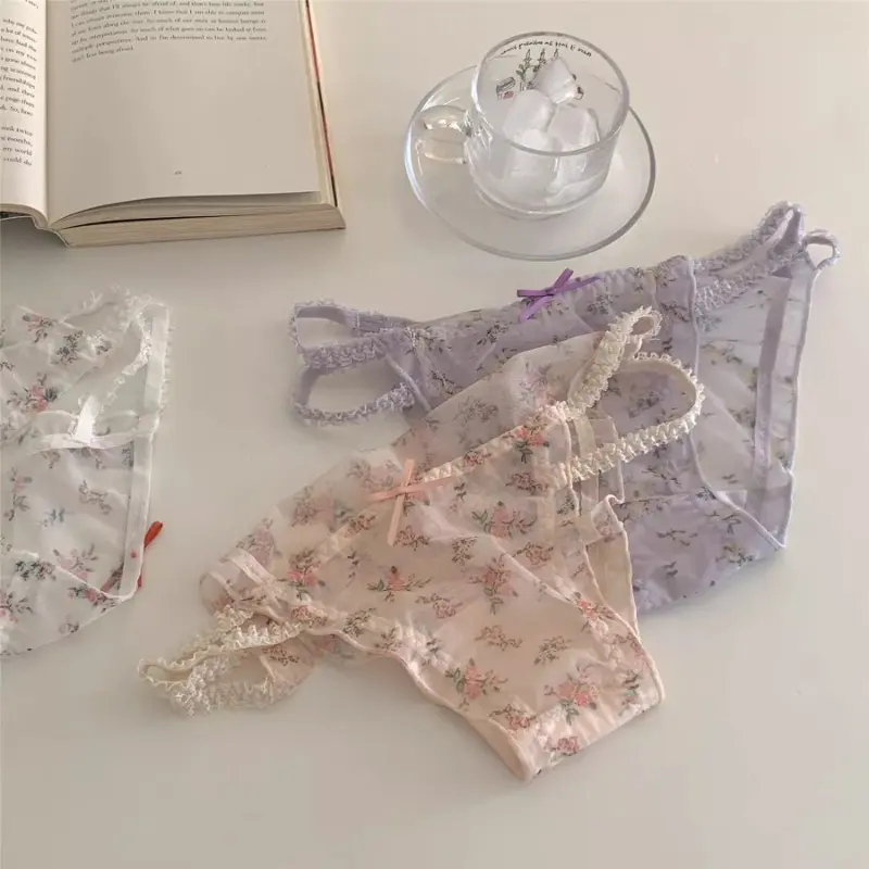Breathable Sexy Bow Girls Transparent Women Lace Briefs Flower Underwear Lingerie Mesh Panties