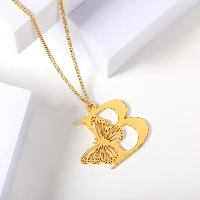 Dainty Big Butterfly Letters Necklaces For Women Girl Jewelry Metal Chain Removable Pendant Initial Choker Necklace
