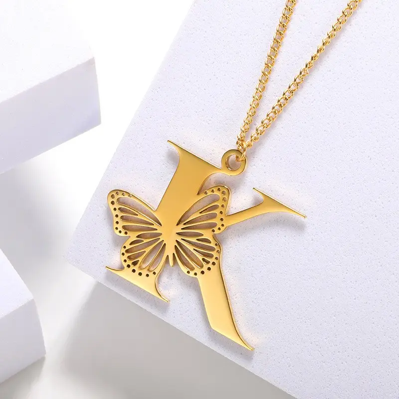 Dainty Big Butterfly Letters Necklaces For Women Girl Jewelry Metal Chain Removable Pendant Initial Choker Necklace