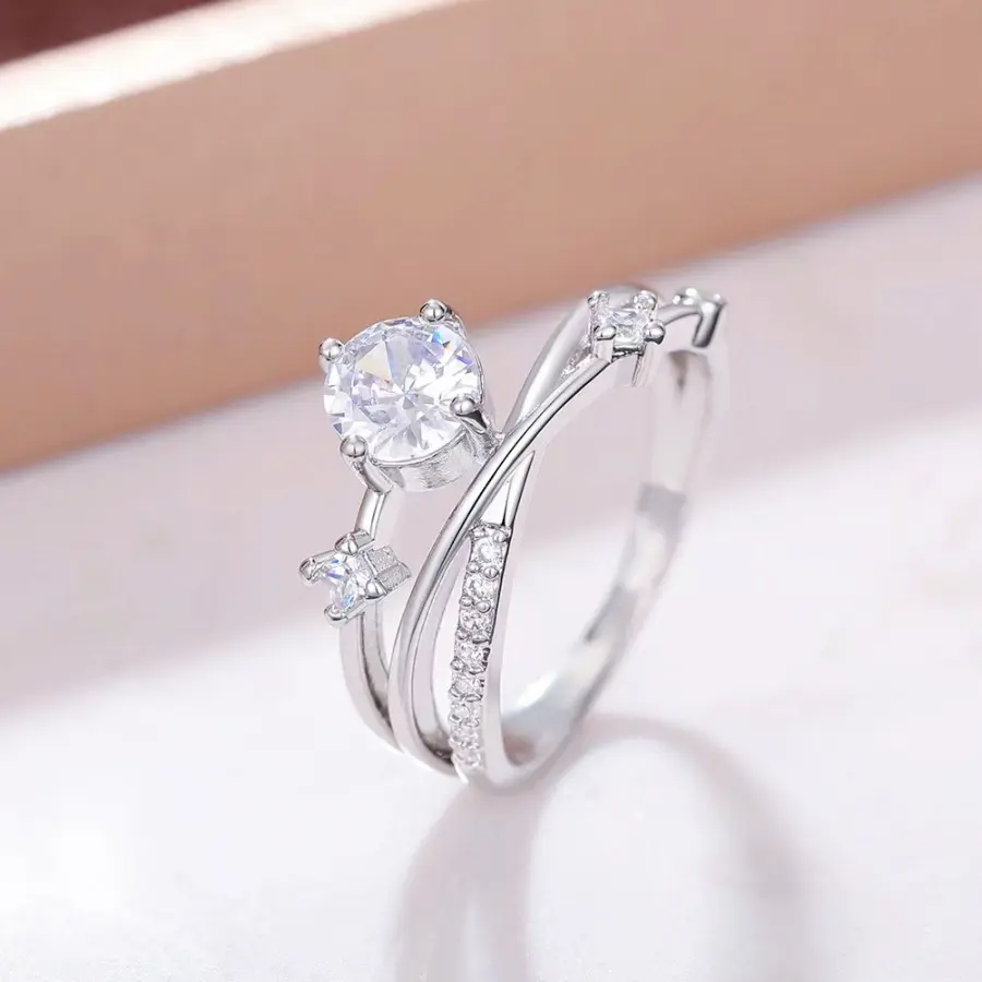 Gold Color Crossing Design Silver Plated Rings White Zircon Wedding Rings for Women Personality Finger Rings Fashion Jewelry