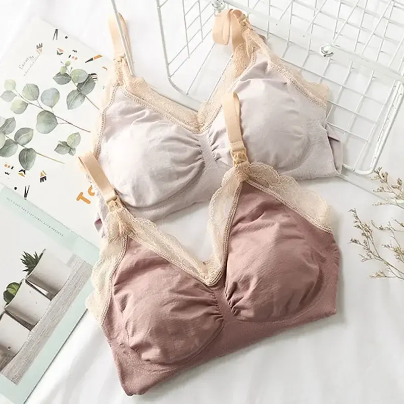 Fashsiualy Pleat Patchwork Bra Brief Sets Maternity Sexy Lace Sling High Stretch Tank Top New Embroidery Soft Nursing Underwear