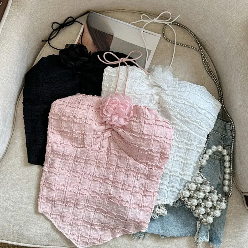 Women Suspender Top Sleeveless Camisole Sweet Flowers Design Ruffle Neck Backless Sweet and Spicy Hot Girl Streetwear