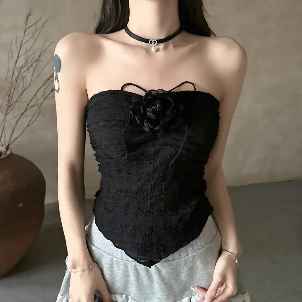 Women Suspender Top Sleeveless Camisole Sweet Flowers Design Ruffle Neck Backless Sweet and Spicy Hot Girl Streetwear