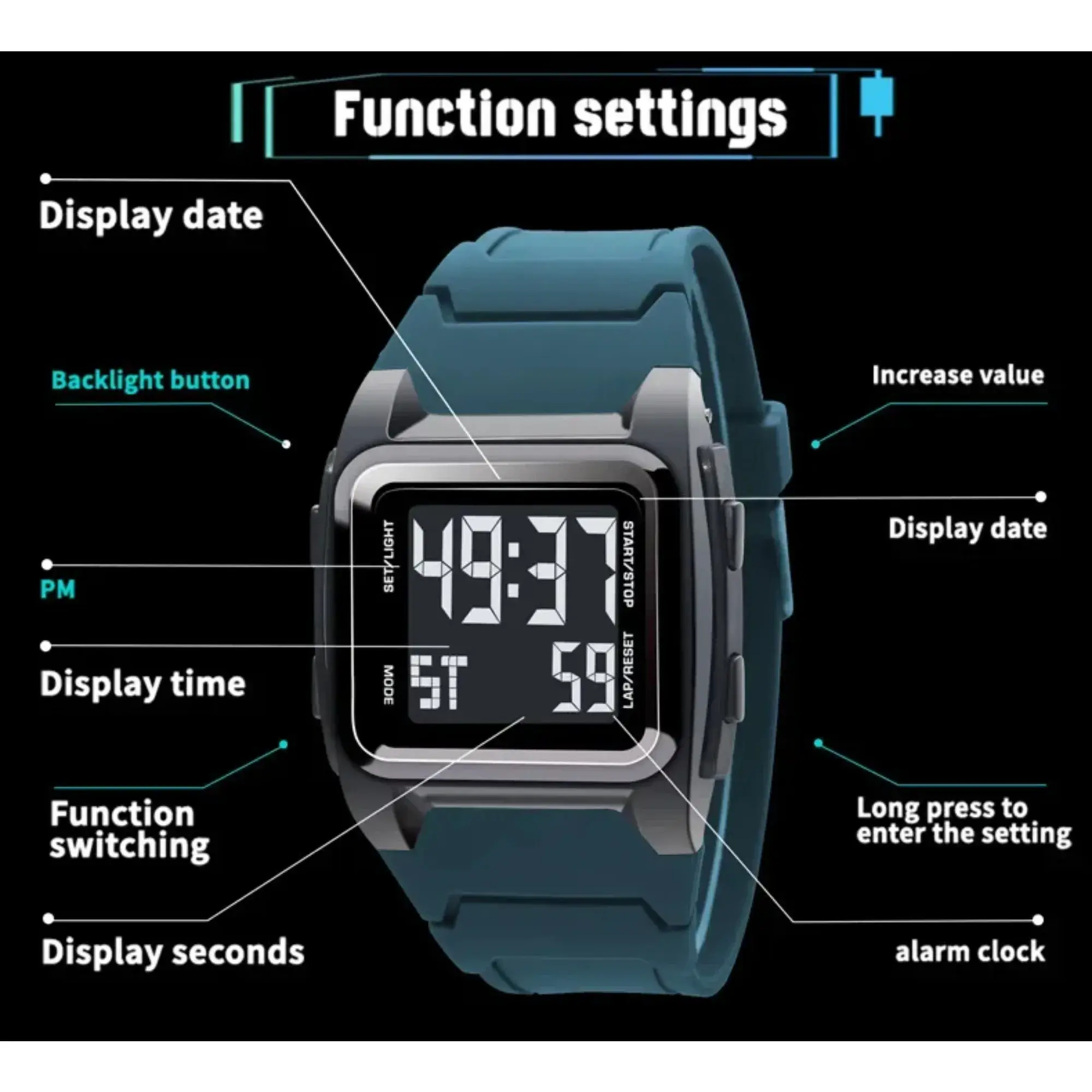 Men's Digital Watch 50M Waterproof Outdoor Sport Watch Date Multifunction Military Alarm Clock LED Wristwatch for Man Boy