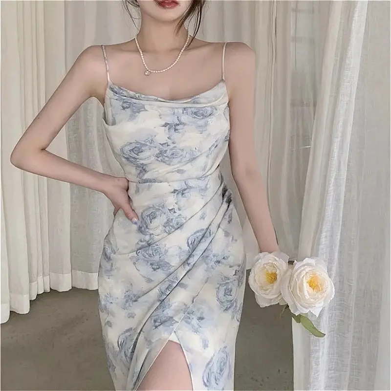 Women Floral Spaghetti Strap Long Dress Girl Sexy Hollow Backless Party Dress Summer Split Elastic Chiffon Boho Beach Sundress