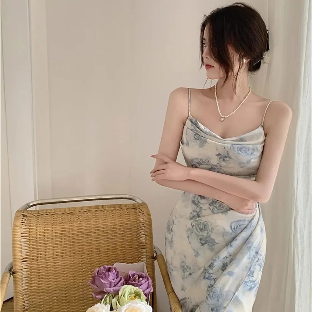 Women Floral Spaghetti Strap Long Dress Girl Sexy Hollow Backless Party Dress Summer Split Elastic Chiffon Boho Beach Sundress
