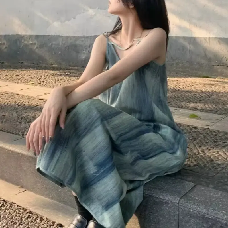 Tie Dye Suspender Dresses Spaghetti Strap Beach Women Loose Summer Seaside Long Maxi Dress 2025 Chic Sexy Party Vintage Dresses