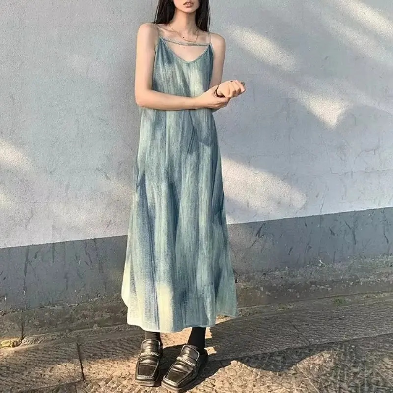 Tie Dye Suspender Dresses Spaghetti Strap Beach Women Loose Summer Seaside Long Maxi Dress 2025 Chic Sexy Party Vintage Dresses